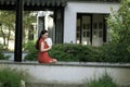 Chinese cheongsam model in Chinese classical garden